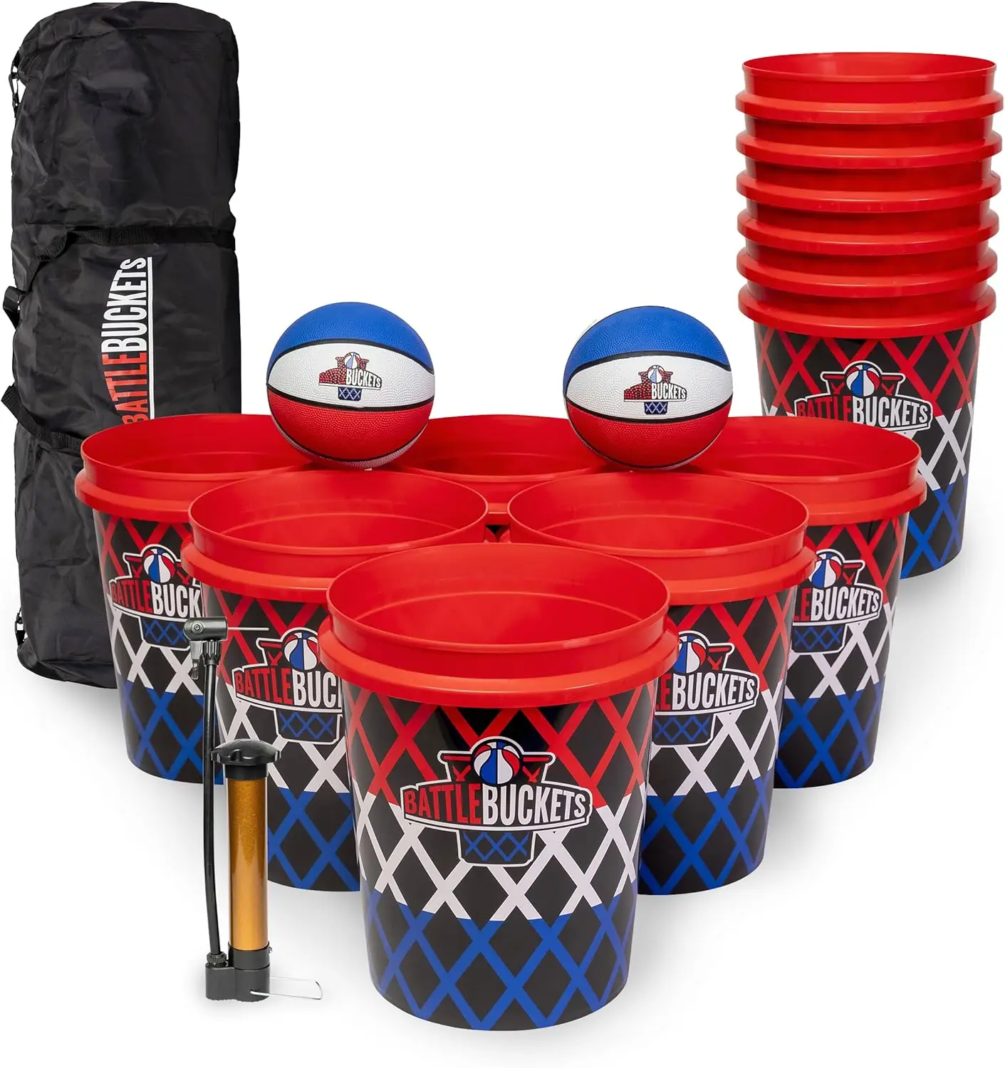 Giant Yard Pong and Basketball Game with 12 Buckets, 2 Balls, Carrying Bag, Air Pump for Outdoor Fun at Lawn, Beach, Parties
Giant Yard Pong and Basketball Game with 12 Buckets, 2 Balls, Carrying Bag, Air Pump for Outdoor Fun at Lawn, Beach, Parties