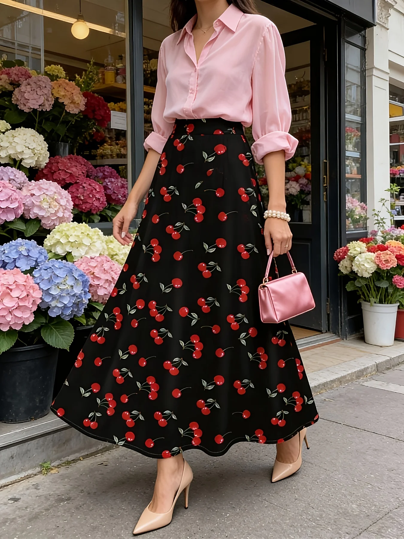 Черная юбка миди с принтом красных вишневых плодов для женщин, элегантная юбка А-силуэта для отпуска, летняя повседневная офисная одежда, с высокой талией, эластичная
Черная юбка миди с принтом красных вишневых плодов для женщин, элегантная юбка А-силуэта для отпуска, летняя повседневная офисная одежда, с высокой талией, эластичная