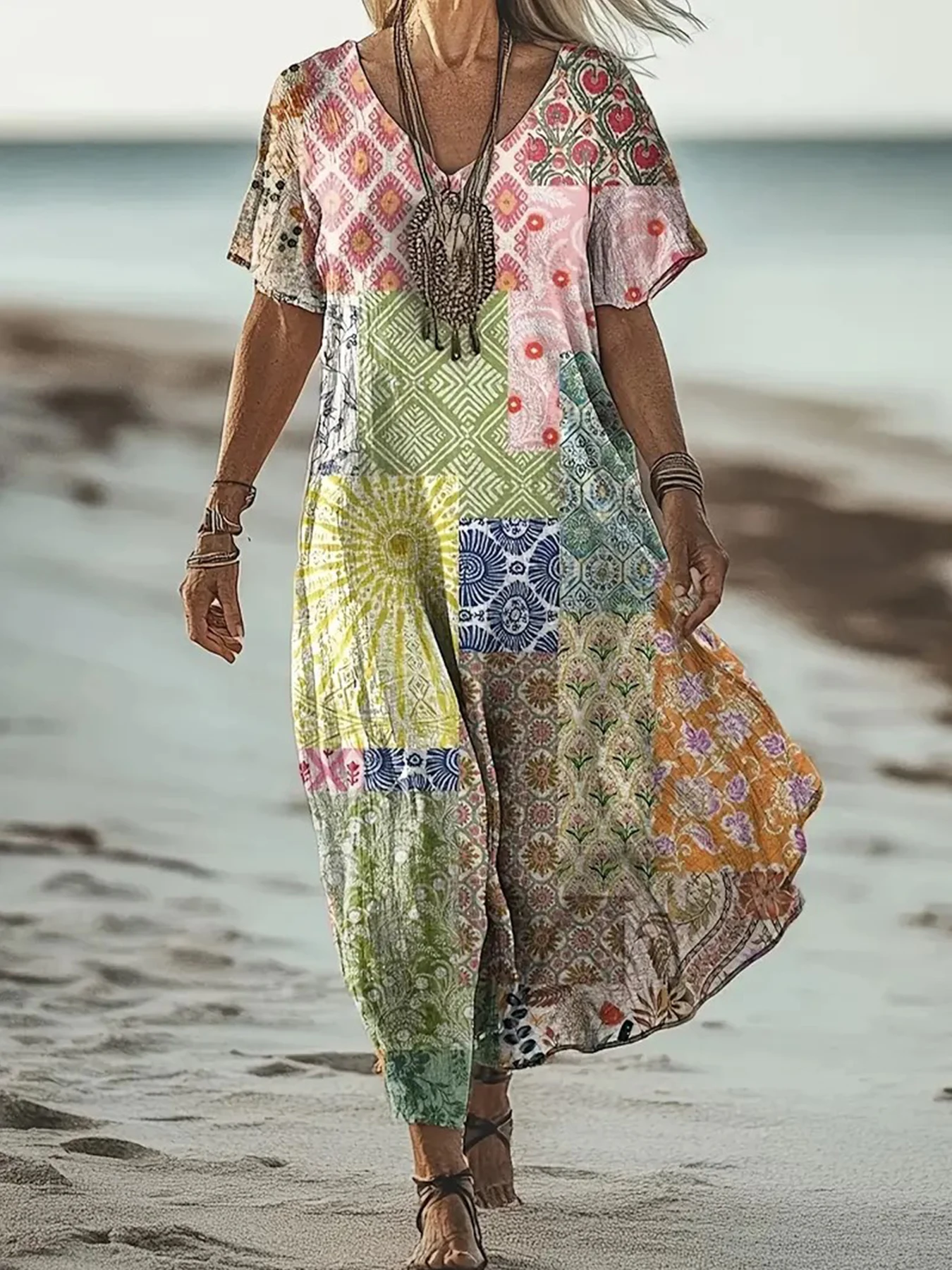 Women's T Shirt Dress Bohemian V Neck Print Maxi Flowy Dress Casual Beachwear with Short Sleeves Relaxed Fit for All Seasons
Women's T Shirt Dress Bohemian V Neck Print Maxi Flowy Dress Casual Beachwear with Short Sleeves Relaxed Fit for All Seasons