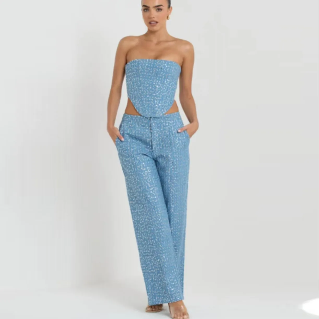 Women Pants Sets Matching Sets Sequins Strapless Sexy Wide Leg Ankle Length Pants Sleeveless Solid Loose Fit Zipper Fly
Women Pants Sets Matching Sets Sequins Strapless Sexy Wide Leg Ankle Length Pants Sleeveless Solid Loose Fit Zipper Fly