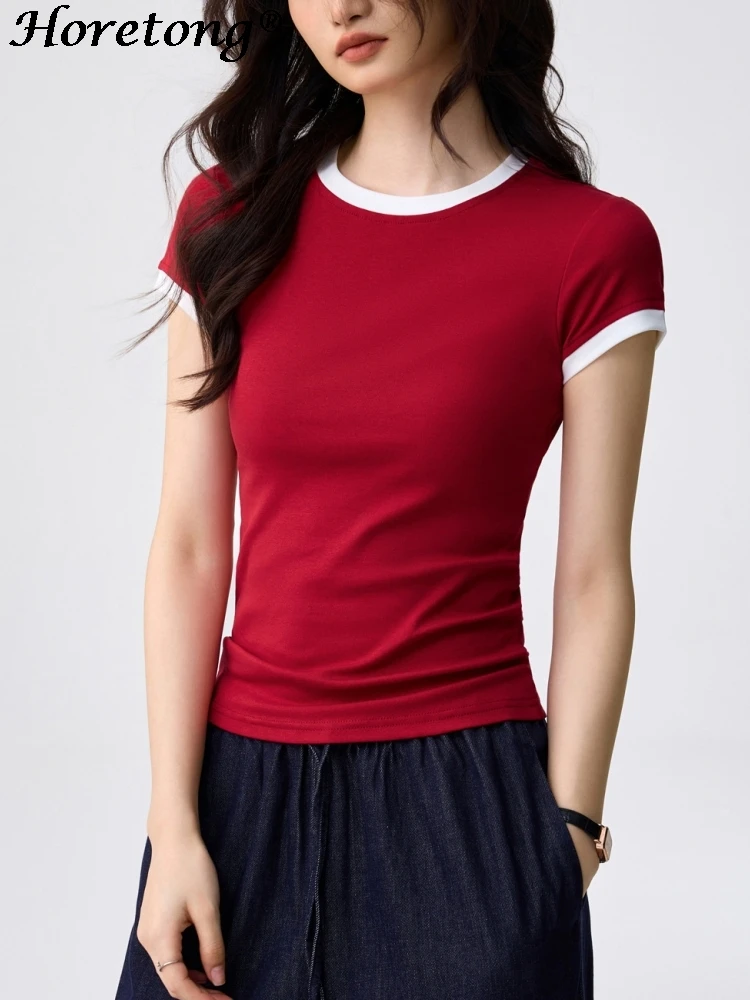 2026 Summer Women's Contrast Trim T-Shirt Cotton Ribbed O-Neck Short Sleeve Slim Fit Regular Shoulder Fashion Casual Daily Tops
2026 Summer Women's Contrast Trim T-Shirt Cotton Ribbed O-Neck Short Sleeve Slim Fit Regular Shoulder Fashion Casual Daily Tops