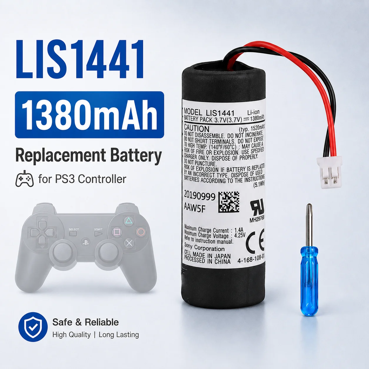 LS1141 3.7V 1380mAh Rechargeable Li-ion Battery for PS3 Move Motion Controller Right Hand Remote Replacement Cell with Tools
LS1141 3.7V 1380mAh Rechargeable Li-ion Battery for PS3 Move Motion Controller Right Hand Remote Replacement Cell with Tools