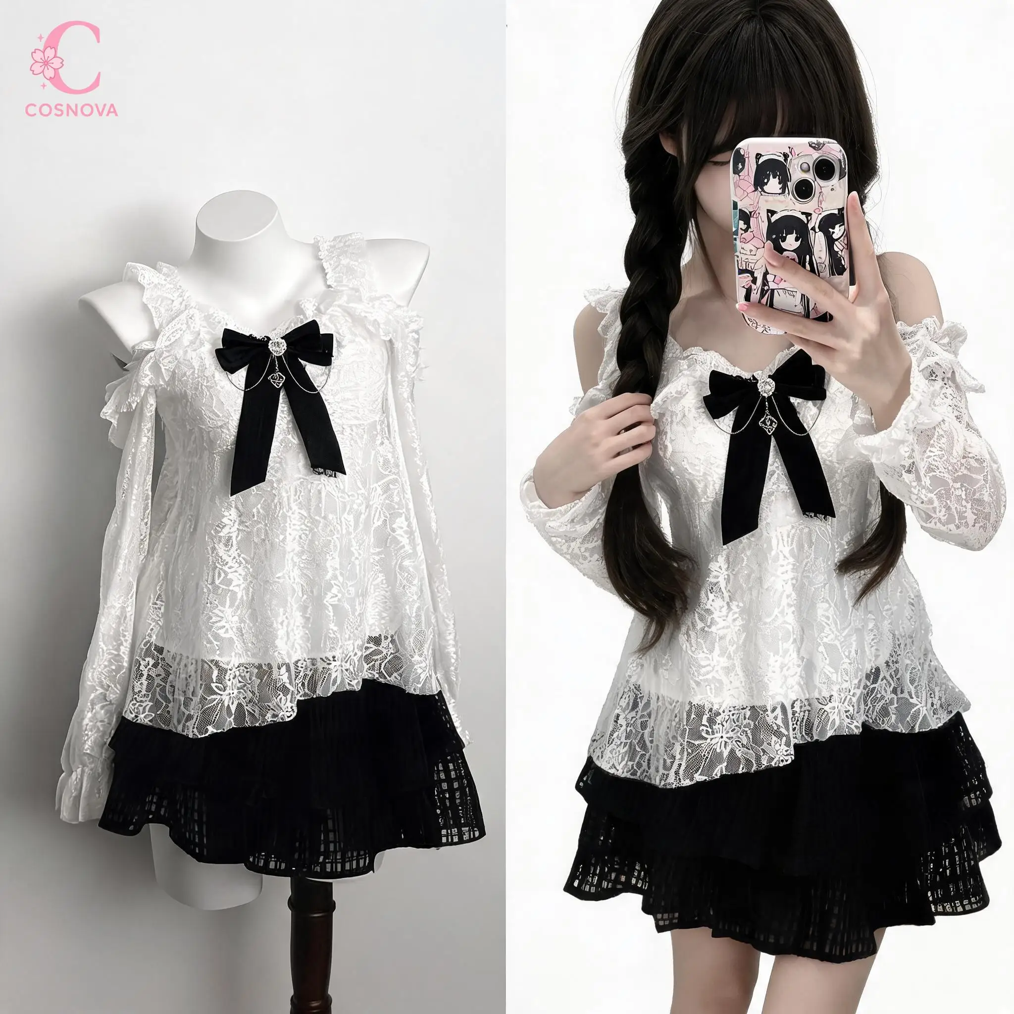 Japanese Elegant Lace Off Shoulder Long Sleeve Fall 2 Piece Set Women Bow Design Layered Skirt Female Chic Daily Sweet Clothes
Japanese Elegant Lace Off Shoulder Long Sleeve Fall 2 Piece Set Women Bow Design Layered Skirt Female Chic Daily Sweet Clothes