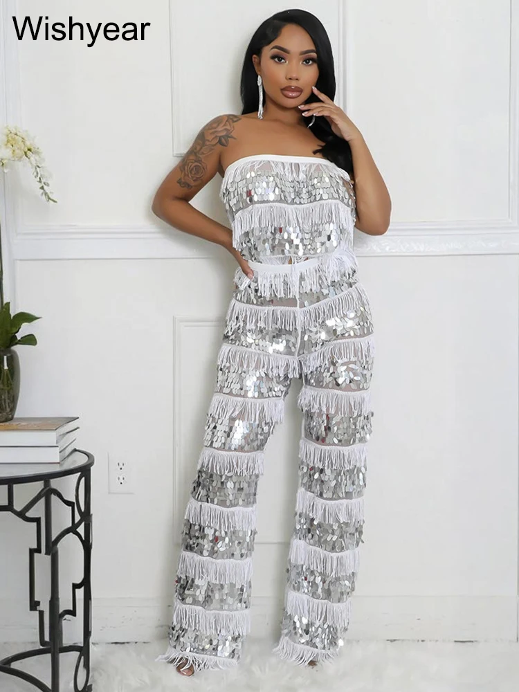 New Luxury Sequin Tassel Women Sleeveless Strapless Crop Tops and Wide Leg Pants Two 2 Piece Sexy Club Birthday Matching Sets
New Luxury Sequin Tassel Women Sleeveless Strapless Crop Tops and Wide Leg Pants Two 2 Piece Sexy Club Birthday Matching Sets