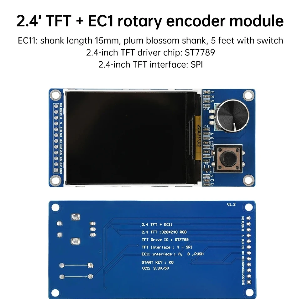 1.8-inch 2.4-inch TFT display screen, LCD screen electronic kit with Ec11 rotary encoder combination module SPI interface
1.8-inch 2.4-inch TFT display screen, LCD screen electronic kit with Ec11 rotary encoder combination module SPI interface