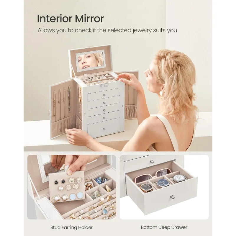 6 Tier Jewelry Box, Jewelry Storage Organizer with 5 Drawers, Large Storage Capacity, with Mirror, Lockable, Jewelry Case
6 Tier Jewelry Box, Jewelry Storage Organizer with 5 Drawers, Large Storage Capacity, with Mirror, Lockable, Jewelry Case
