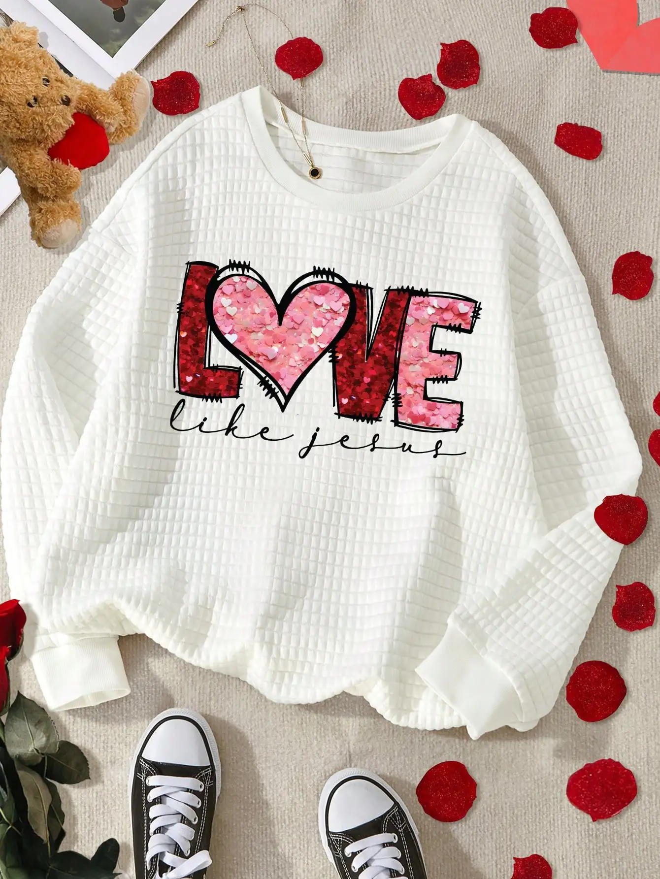 Valentine's Day Love Like Jesus Faux Sequin Print White Waffle Knit Crewneck Sweatshirt for Women
Valentine's Day Love Like Jesus Faux Sequin Print White Waffle Knit Crewneck Sweatshirt for Women