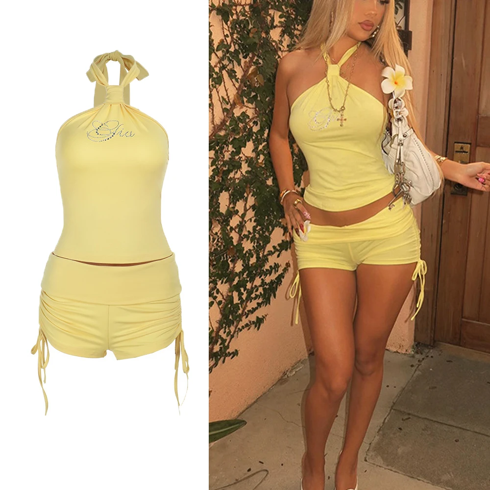 DriftWear Rhinestone Halter Set Pleated Bralette Mini Pants 2pcs Outfit Sexy Beach Shorts Coords Clubwear Shorts Haging Neck Top
DriftWear Rhinestone Halter Set Pleated Bralette Mini Pants 2pcs Outfit Sexy Beach Shorts Coords Clubwear Shorts Haging Neck Top