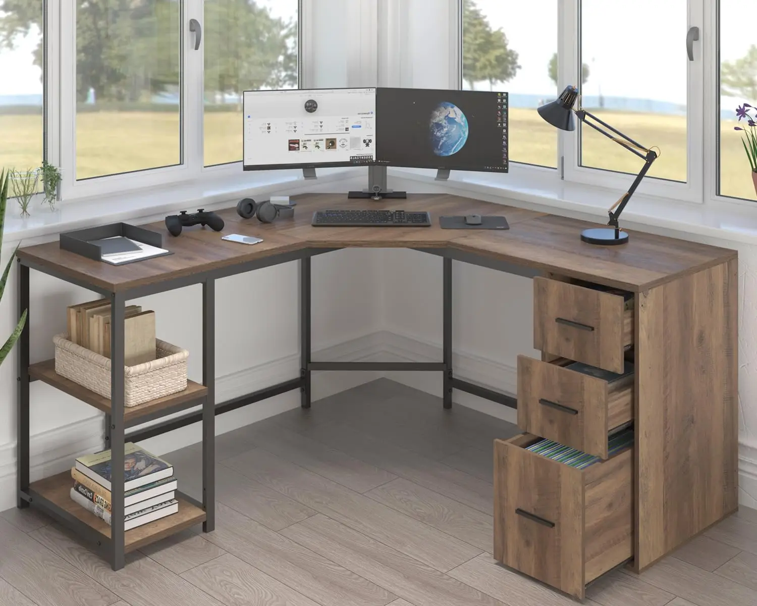L Shape Computer Desk With File Cabinet, Reversible Corner Desk With Drawers & Storage Shelf, 60 In, Customized
L Shape Computer Desk With File Cabinet, Reversible Corner Desk With Drawers & Storage Shelf, 60 In, Customized