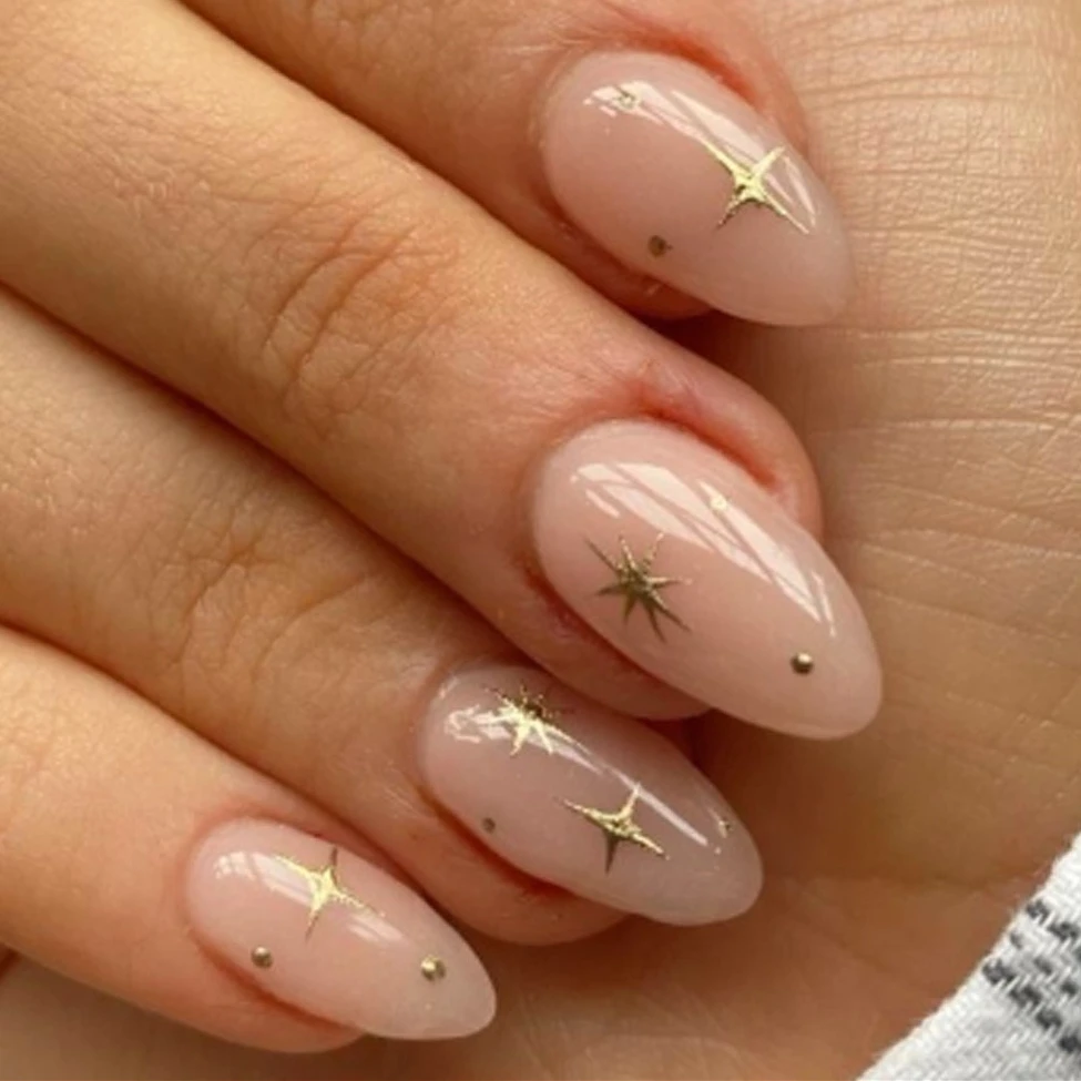 24Pcs Gold Stars Nude Color Almond Nail Art Fashion Simple Wearable False Nails Detachable Finished Fake Nails Press on Nails
24Pcs Gold Stars Nude Color Almond Nail Art Fashion Simple Wearable False Nails Detachable Finished Fake Nails Press on Nails