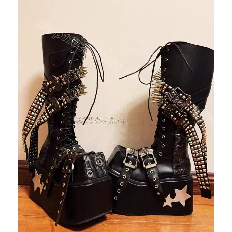 Black Rivet Decor Lace up Boots Belt Buckle Punk Style Design for Women Casual Personality Knee Boots 2025 Zapatos Para Mujere
Black Rivet Decor Lace up Boots Belt Buckle Punk Style Design for Women Casual Personality Knee Boots 2025 Zapatos Para Mujere