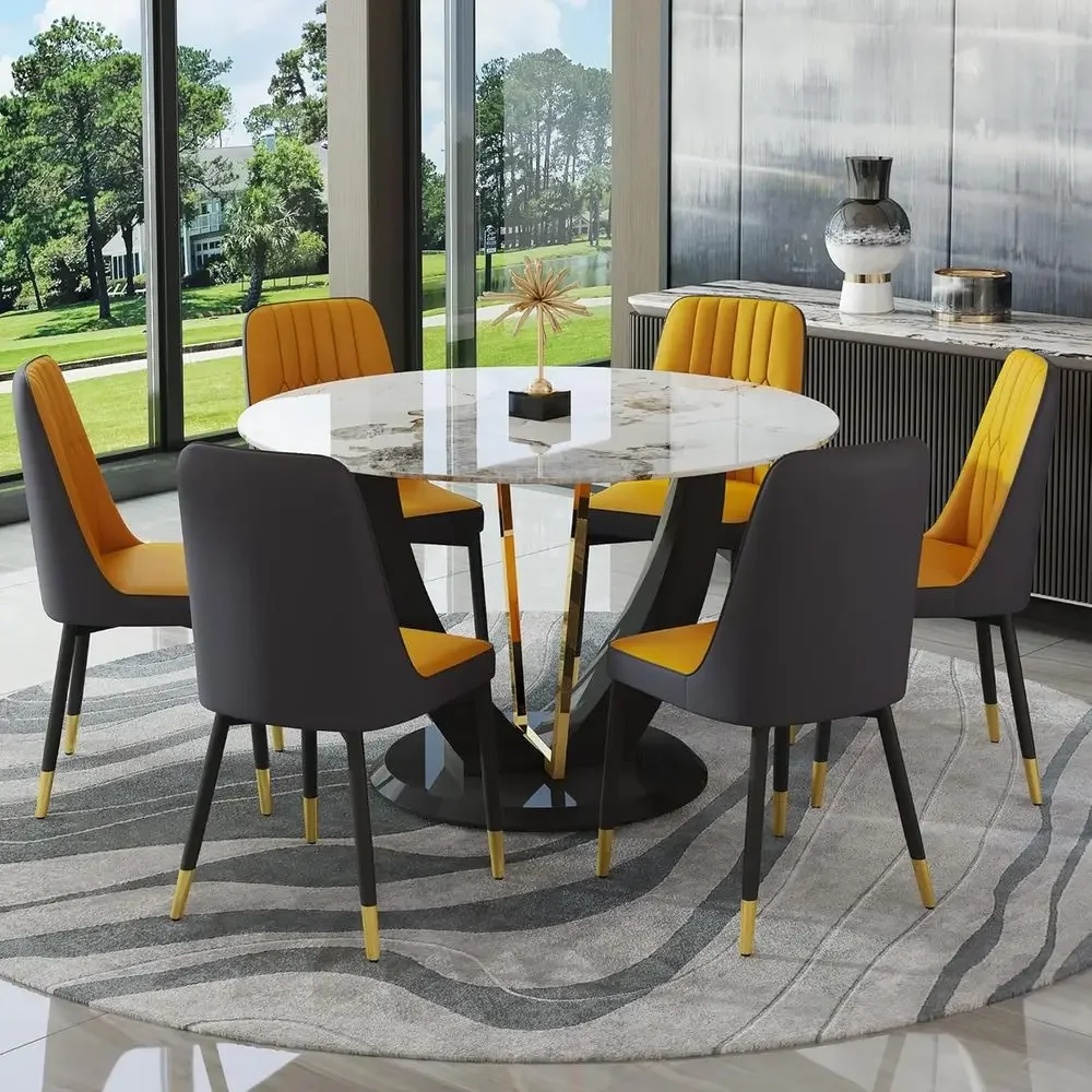 6-Piece 42 Marble-Top Dining Set with Upholstered Chairs for Kitchen, Living Room, or Restaurant Use
6-Piece 42 Marble-Top Dining Set with Upholstered Chairs for Kitchen, Living Room, or Restaurant Use