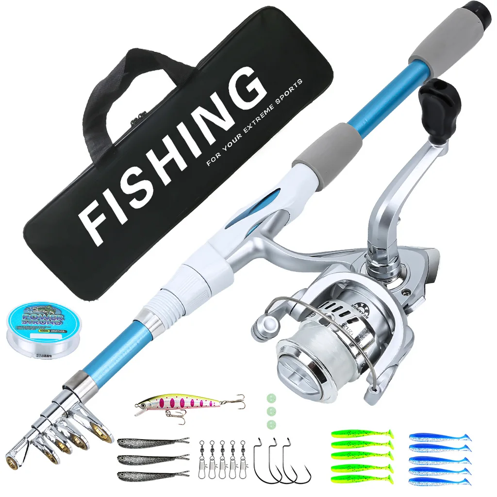 New Blue White Telescopic Lure Rod Spinning Reel Full Fishing Tackle Set with Artificial Lure Hook Complete Fish Accessories Kit
New Blue White Telescopic Lure Rod Spinning Reel Full Fishing Tackle Set with Artificial Lure Hook Complete Fish Accessories Kit