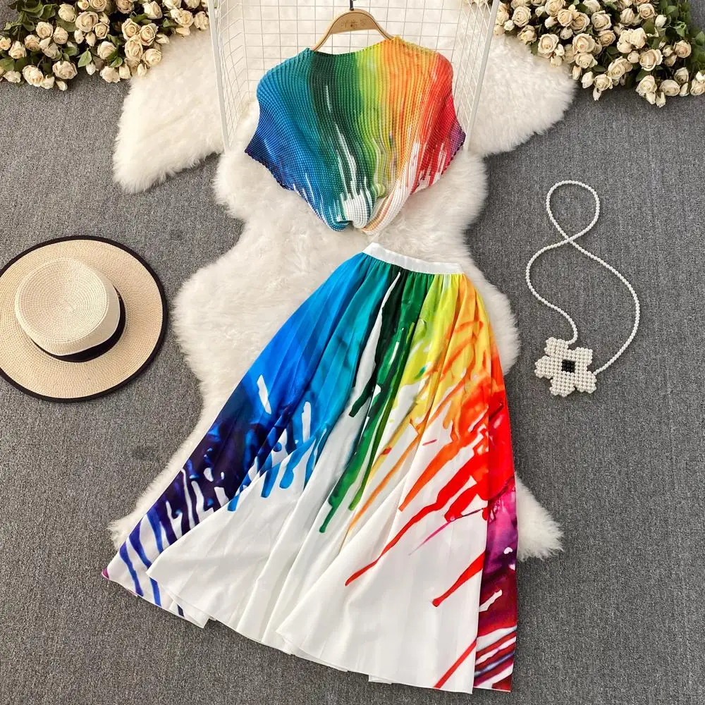 Merchall Pleated Printed Skirt Suit for Women Short Sleeve Stretchy Colorblock Tops + High Waist A-Line Skirt Two Piece Set
Merchall Pleated Printed Skirt Suit for Women Short Sleeve Stretchy Colorblock Tops + High Waist A-Line Skirt Two Piece Set