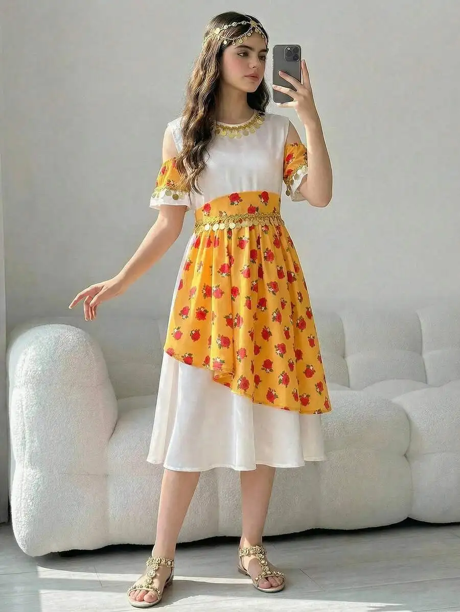 White And Orange Floral Print Dress With Sequin Decoration Middle Eastern Style A-Line Dress
White And Orange Floral Print Dress With Sequin Decoration Middle Eastern Style A-Line Dress