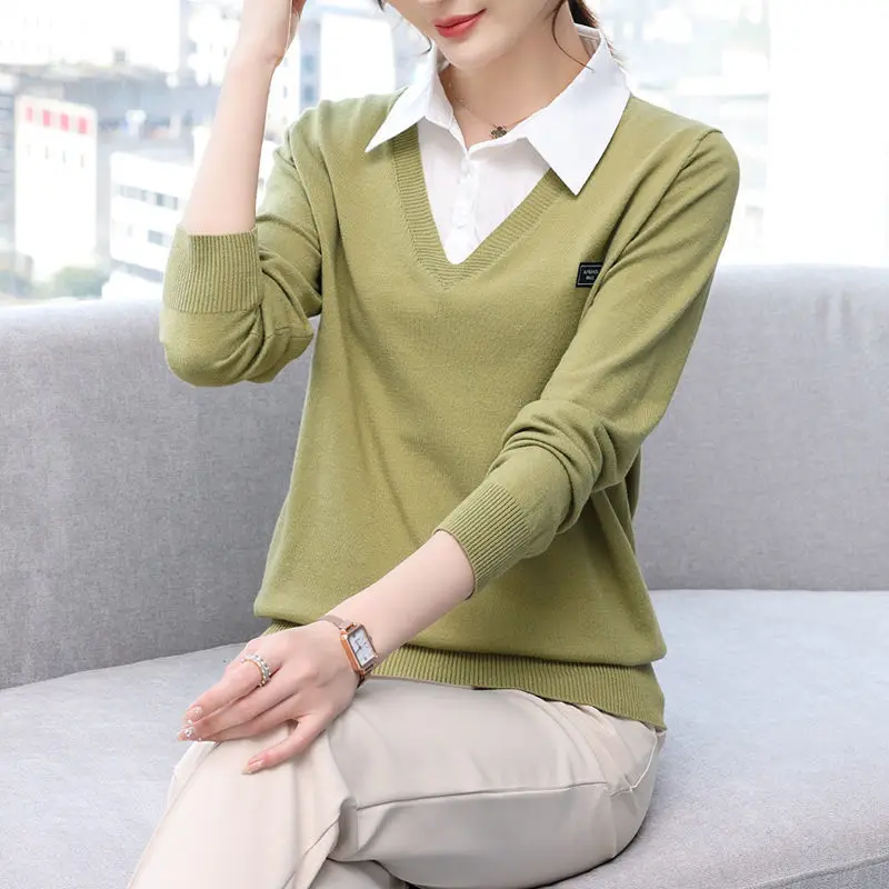 Polo Collar Sweater 2023 New Knitted False Two Pieces Spring and Autumn Women's Fashion Base Top Office Lady sweaters for women
Polo Collar Sweater 2023 New Knitted False Two Pieces Spring and Autumn Women's Fashion Base Top Office Lady sweaters for women