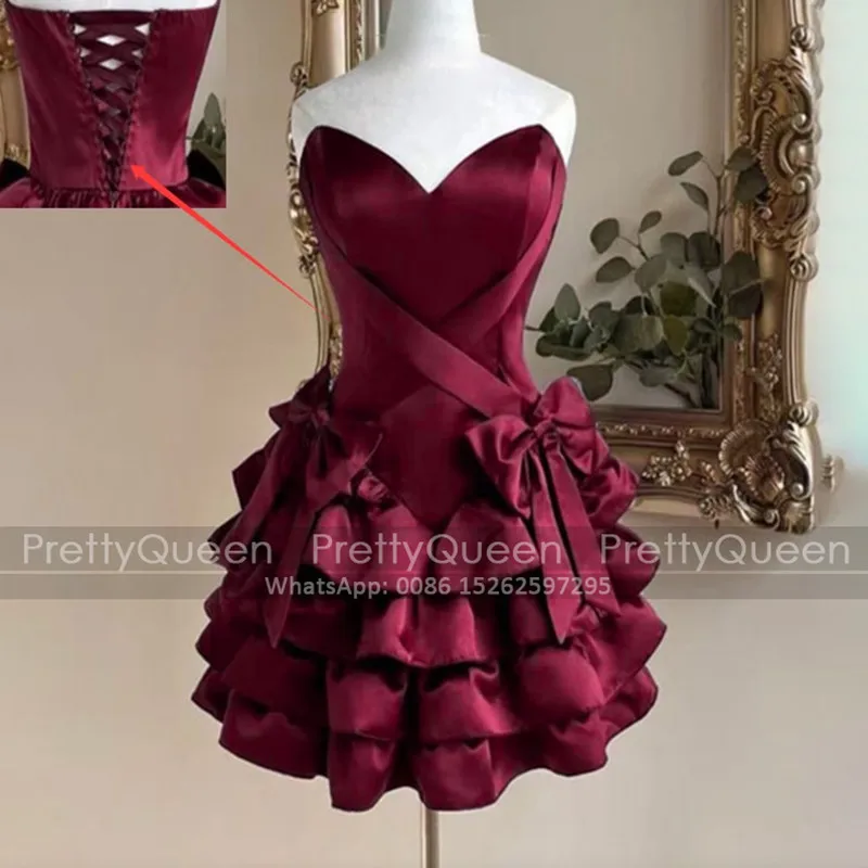 Burgundy Short Bridesmaid Dresses Tiered A Line Sweetheart Customized Bows Corset Back Mini Wedding Party Dress
Burgundy Short Bridesmaid Dresses Tiered A Line Sweetheart Customized Bows Corset Back Mini Wedding Party Dress