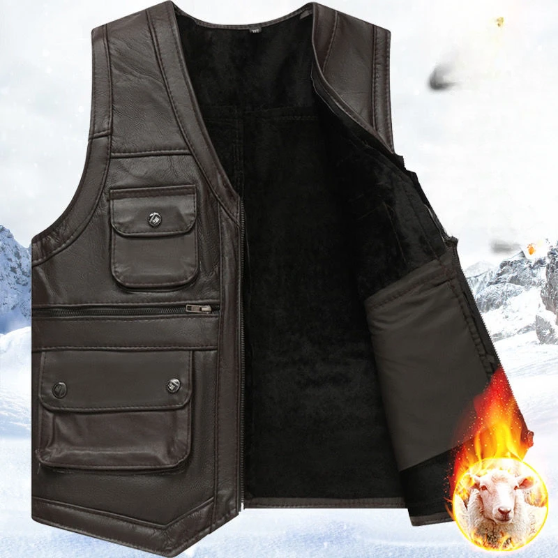 2023 Men Autumn Winter New Genuine Leather Vest Men V-neck Sleeveless Jacket Male Pocket Middle-aged Fleece Waistcoat D420
2023 Men Autumn Winter New Genuine Leather Vest Men V-neck Sleeveless Jacket Male Pocket Middle-aged Fleece Waistcoat D420