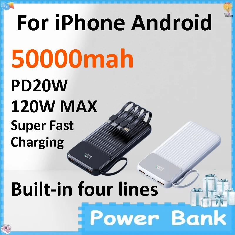 120W Super Fast Charge 50000mAh Power Bank Built-in 4 Cables Portable External Battery for IPhone Android
120W Super Fast Charge 50000mAh Power Bank Built-in 4 Cables Portable External Battery for IPhone Android