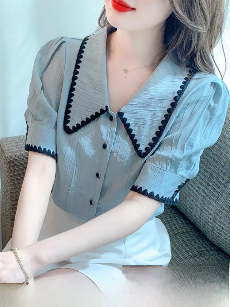 Summer Fashionable Short Sleeve Doll Collar Chiffon Shirt Women's Clothing Korean Style Slim Fit Bubble Sleeve Pure Color Top
Summer Fashionable Short Sleeve Doll Collar Chiffon Shirt Women's Clothing Korean Style Slim Fit Bubble Sleeve Pure Color Top