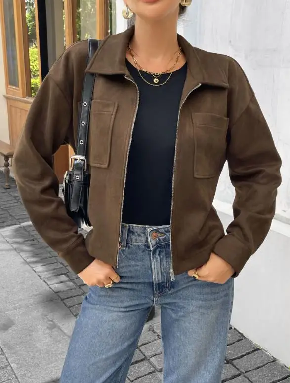 Women's Jacket 2026 Spring Autumn New Solid Color Turn-Down Collar Pocket Design Long Sleeved Streetwear Zipper Jacket Coat
Women's Jacket 2026 Spring Autumn New Solid Color Turn-Down Collar Pocket Design Long Sleeved Streetwear Zipper Jacket Coat