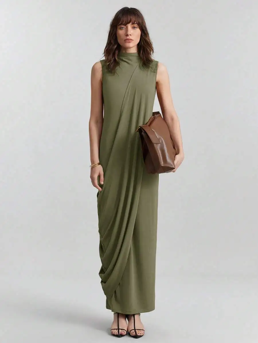 Brown Asymmetrical Ruched Mock Neck Maxi Dress Women Casual Office Wear
Brown Asymmetrical Ruched Mock Neck Maxi Dress Women Casual Office Wear