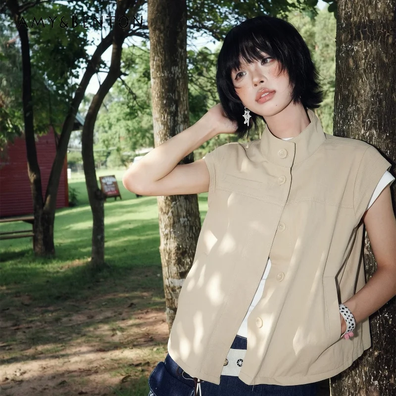 Korean Girl Design Khaki Stand-up Collar Women's Vests Jackets 2026 Summer New Thin Y2k Loose Short-sleeved Shirts Vest Ladies
Korean Girl Design Khaki Stand-up Collar Women's Vests Jackets 2026 Summer New Thin Y2k Loose Short-sleeved Shirts Vest Ladies