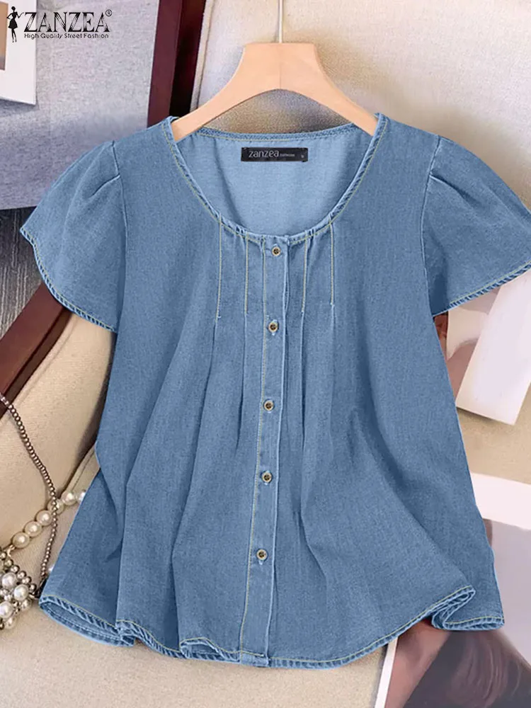 ZANZEA 2025 Summer Elegant Work Shirts Women Short Sleeve Solid Denim Blue Blouse Fashion Button Down Tunic Tops Female Blusas
ZANZEA 2025 Summer Elegant Work Shirts Women Short Sleeve Solid Denim Blue Blouse Fashion Button Down Tunic Tops Female Blusas