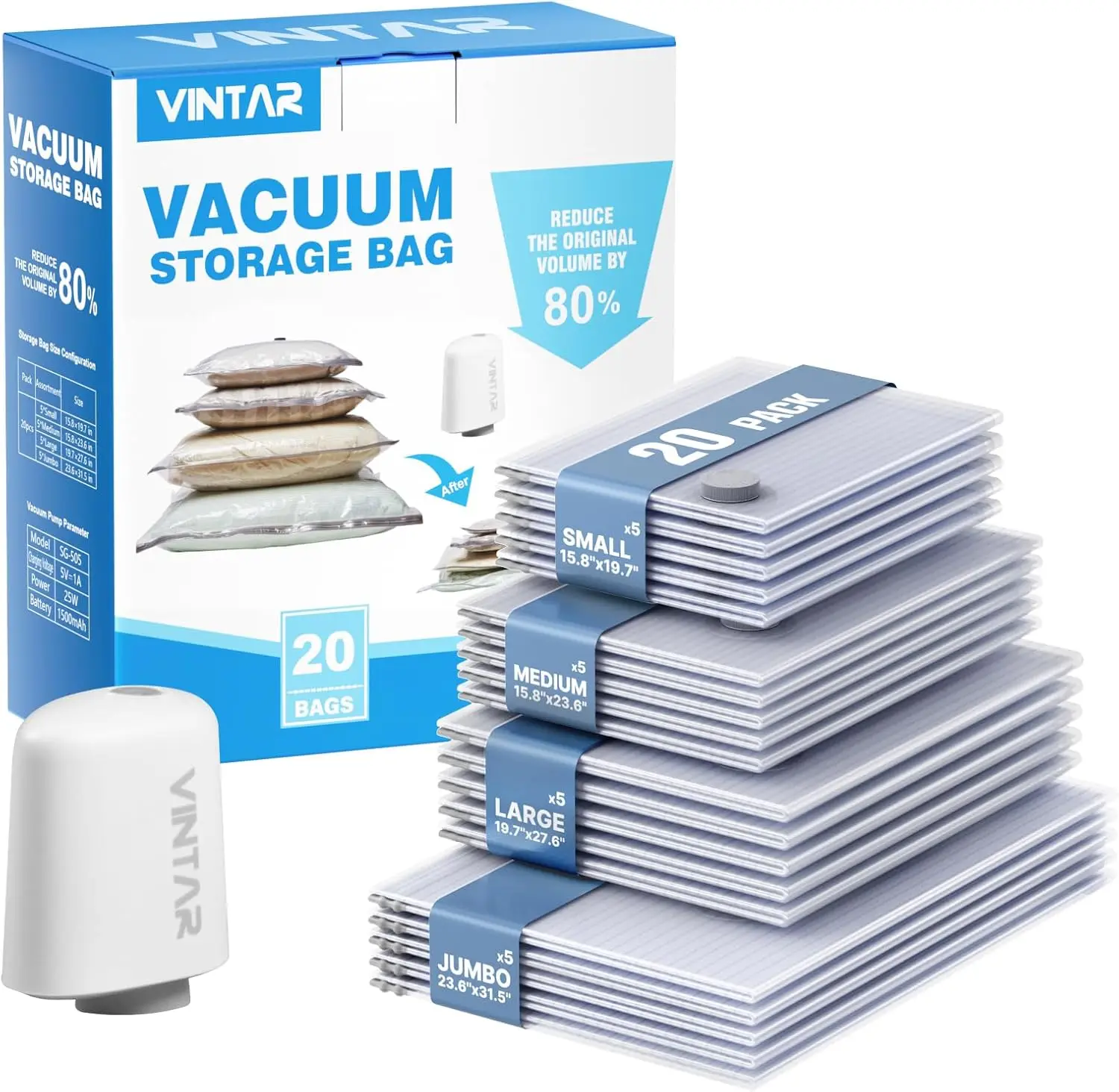 Vacuum Seal Bags for Travel with Rechargeable Cordless Pump, 20 Pack Space Saver Compression Bags for Luggage
Vacuum Seal Bags for Travel with Rechargeable Cordless Pump, 20 Pack Space Saver Compression Bags for Luggage