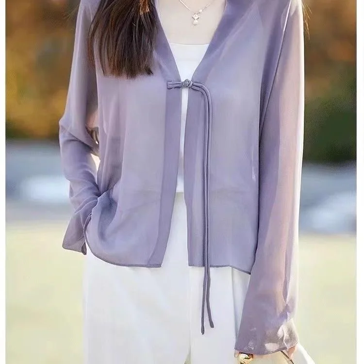 New Chinese Style Sun Protection Long Sleeve Shirts Women Summer Thin Cotton Polyester Woven V-neck Open Cardigan Design
New Chinese Style Sun Protection Long Sleeve Shirts Women Summer Thin Cotton Polyester Woven V-neck Open Cardigan Design