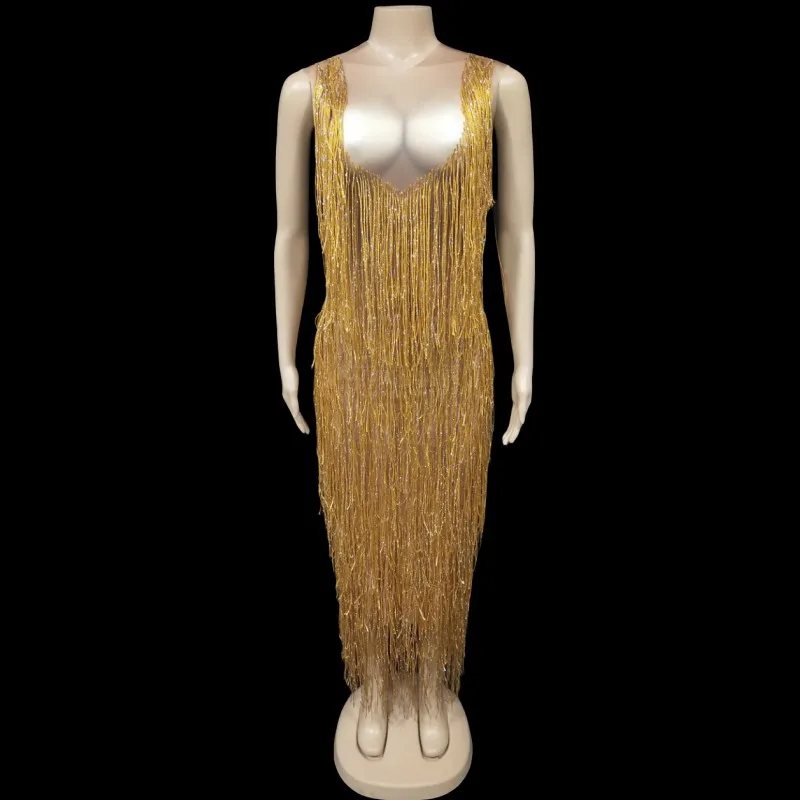 Fashion Evening Party Birthday Celebrate Tassel Costume Gold Fringe Crystal Sleeveless Long Dress Singer Stage Performance Wear
Fashion Evening Party Birthday Celebrate Tassel Costume Gold Fringe Crystal Sleeveless Long Dress Singer Stage Performance Wear