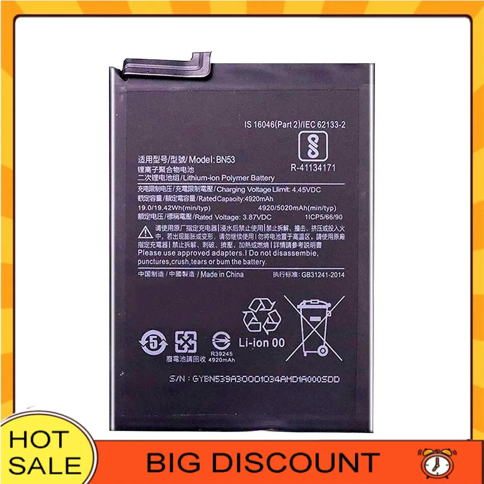 Long Lasting BN53 High-Efficiency Mobile Phone Battery 4920mAh For Xiaomi Redmi Note 9 Pro note9 Pro
Long Lasting BN53 High-Efficiency Mobile Phone Battery 4920mAh For Xiaomi Redmi Note 9 Pro note9 Pro
