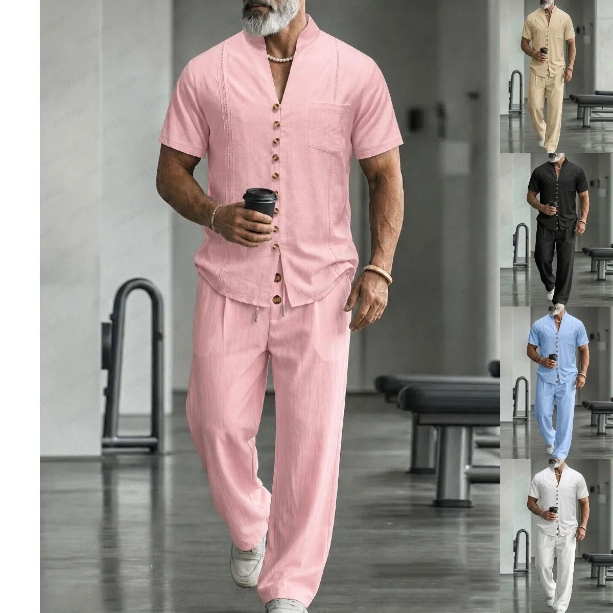 Summer men's new solid-color linen casual set, with a stand-up collar, breathable, loose and comfortable two-piece set
Summer men's new solid-color linen casual set, with a stand-up collar, breathable, loose and comfortable two-piece set
