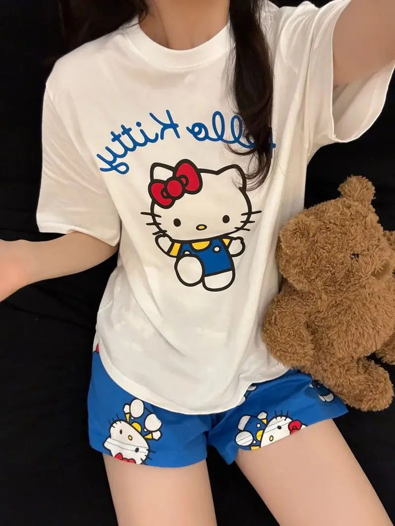 Hello Kitty Pajama Set Summer White and Blue Pajama Set Ladies Short Sleeve Shorts Soft Breathable Pajamas Home Comfort Edition
Hello Kitty Pajama Set Summer White and Blue Pajama Set Ladies Short Sleeve Shorts Soft Breathable Pajamas Home Comfort Edition