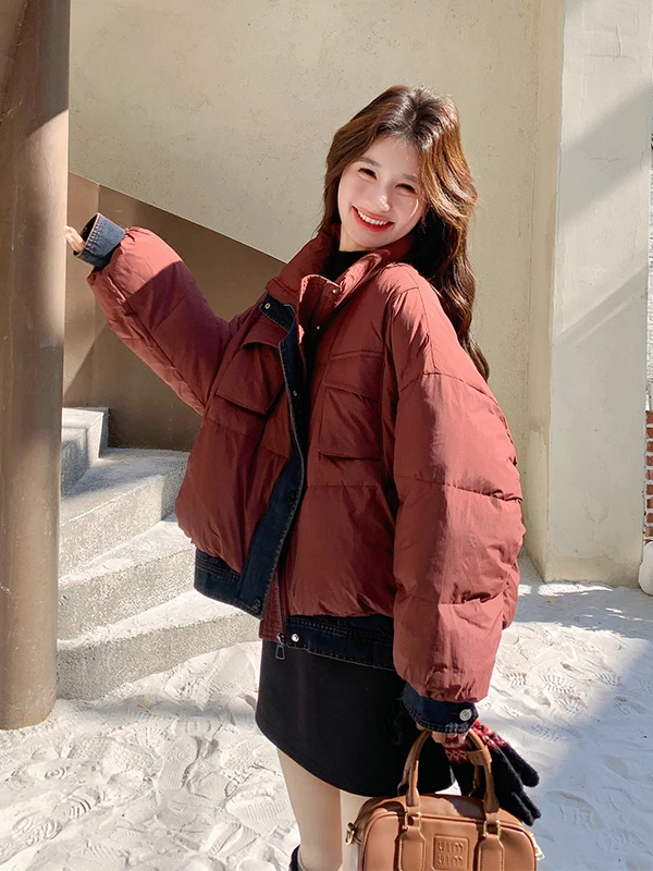 Red Denim Patchwork Stand Collar down Jaet Women's ort Sle Winter Warm Thiened Casual Loose Fit Eco-friendly
Red Denim Patchwork Stand Collar down Jaet Women's ort Sle Winter Warm Thiened Casual Loose Fit Eco-friendly