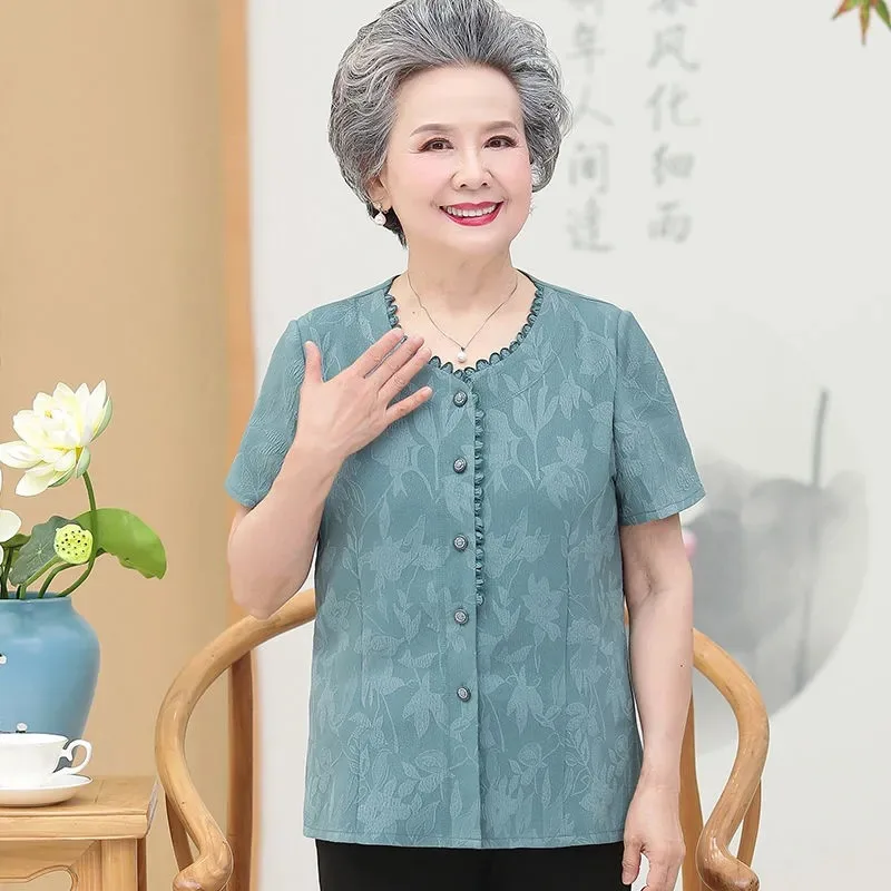 Elderly Women Jacquard Short Sleeve Shirt Set Lace Trim Summer Casual Tops
Elderly Women Jacquard Short Sleeve Shirt Set Lace Trim Summer Casual Tops