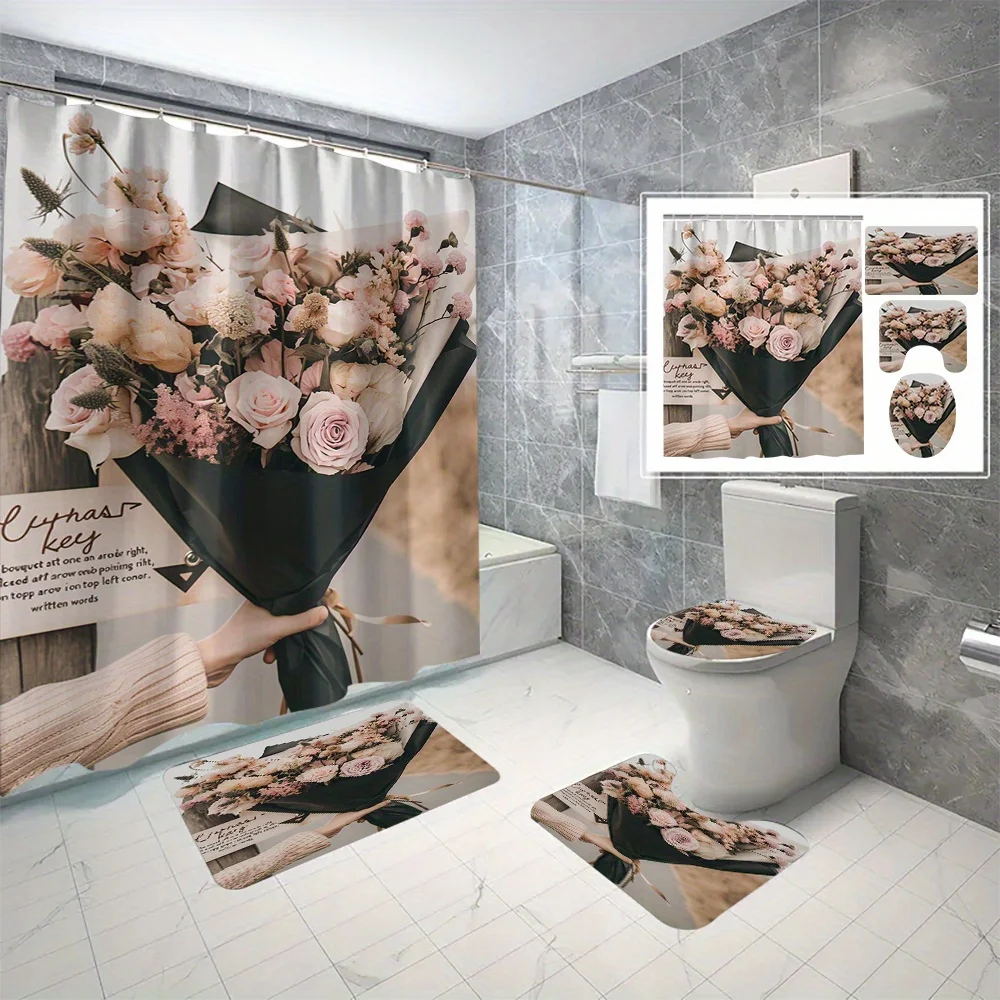 4-компонентная романтическая занавеска для душа из полиэстера с цветочным цифровым принтом, непористый дизайн, можно стирать в машине, подходит для ванной комнаты
4-компонентная романтическая занавеска для душа из полиэстера с цветочным цифровым принтом, непористый дизайн, можно стирать в машине, подходит для ванной комнаты