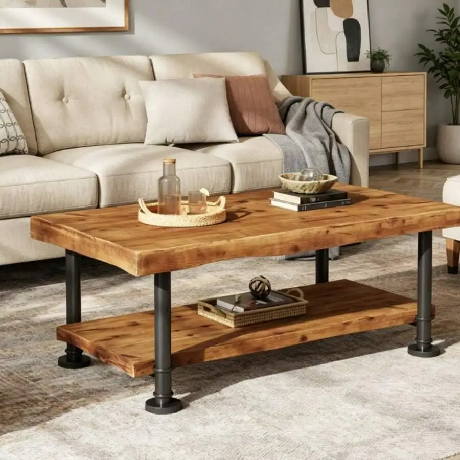 47 Inch Farmhouse Coffee Table, Solid Wood Rectangular Center Table With 2-Tier Live Edge Shelf And Metal Legs For Living Room
47 Inch Farmhouse Coffee Table, Solid Wood Rectangular Center Table With 2-Tier Live Edge Shelf And Metal Legs For Living Room