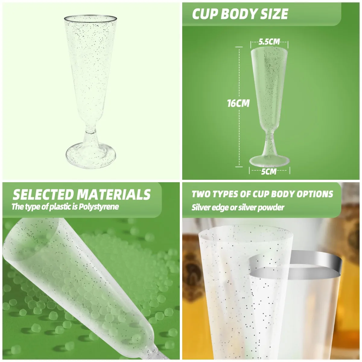 Прозрачные пластиковые флейты для шампанского, 6 унций, упаковка 50 шт., одноразовые небьющиеся очки для вечеринок (серебряный блеск)
Прозрачные пластиковые флейты для шампанского, 6 унций, упаковка 50 шт., одноразовые небьющиеся очки для вечеринок (серебряный блеск)