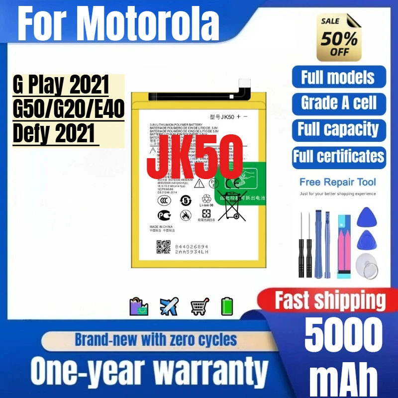 JK50 for Motorola G Play 2021/G50/G20/E40/Defy 2021 Phone Battery High Quality High Capacity Replacement Bateria with Tools
JK50 for Motorola G Play 2021/G50/G20/E40/Defy 2021 Phone Battery High Quality High Capacity Replacement Bateria with Tools