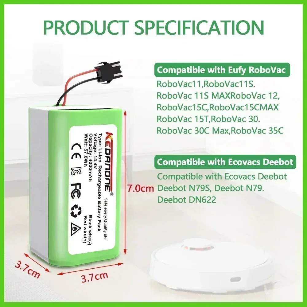 14.4V 4.0Ah Li-ion battery for Cecotec Conga Excellence 950 990 1090 Ecovacs Deebot DN621 601/605 Eufy RoboVac 35C Panda i7 V710
14.4V 4.0Ah Li-ion battery for Cecotec Conga Excellence 950 990 1090 Ecovacs Deebot DN621 601/605 Eufy RoboVac 35C Panda i7 V710