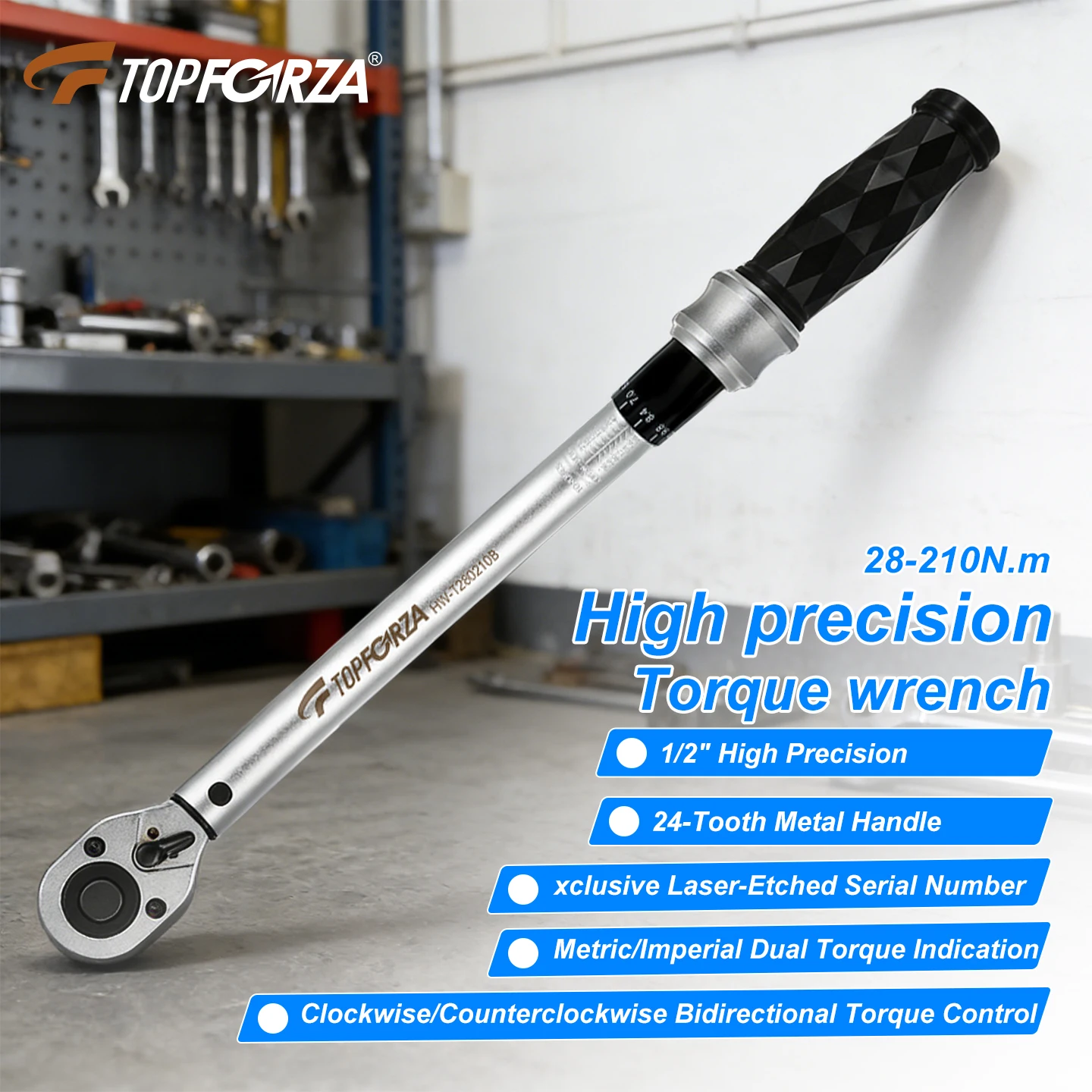 TOPFORZA Preset Torque Wrench 1/2 Inch 24 Tooth Ratchet Metal Plastic Handle 28-210N.m Professional Auto Maintenance Hand Tool