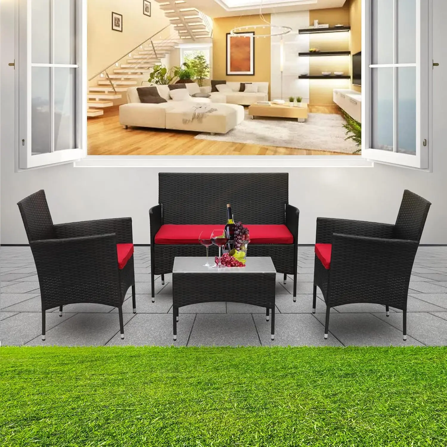 Pcs 4 Piece Patio Rattan Sofa Set with Cushions, Outdoor Wicker Furniture Conversation Chair and Glass Coffee Table
Pcs 4 Piece Patio Rattan Sofa Set with Cushions, Outdoor Wicker Furniture Conversation Chair and Glass Coffee Table
