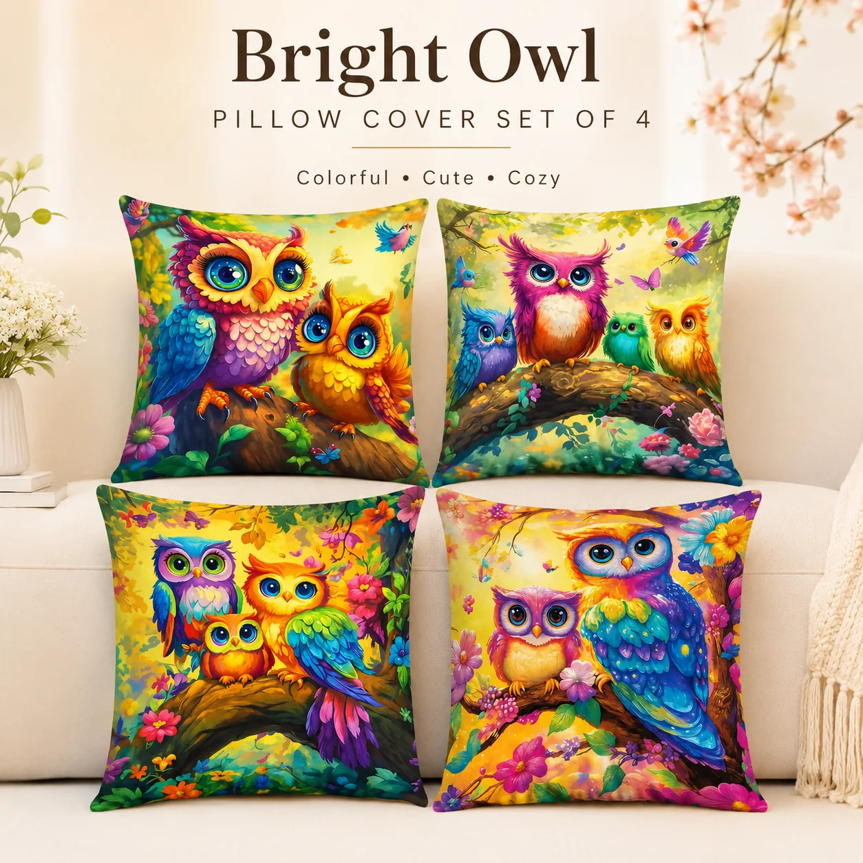 Vibrant Floral Owl 2D Flat Printed Peach Skin Pillowcase Set Of 4 Cute Animal Cushion Cover For Living Room Sofa Home Decor
Vibrant Floral Owl 2D Flat Printed Peach Skin Pillowcase Set Of 4 Cute Animal Cushion Cover For Living Room Sofa Home Decor