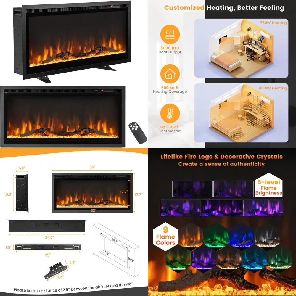 36 Recessed Wall-Mounted Electric Fireplace Heater, 750W/1500W, Linear Design with Remote Control
36 Recessed Wall-Mounted Electric Fireplace Heater, 750W/1500W, Linear Design with Remote Control