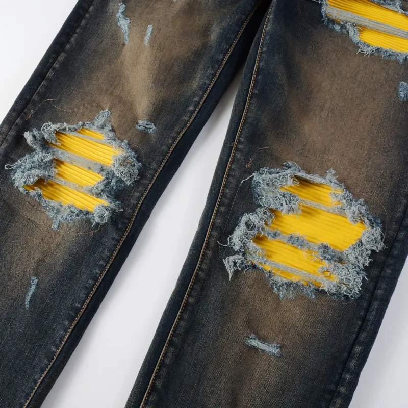 American street fashion men's jeans retro elastic slim fit perforated yellow patch dark blue trendy tapered pants men's Y2K
American street fashion men's jeans retro elastic slim fit perforated yellow patch dark blue trendy tapered pants men's Y2K