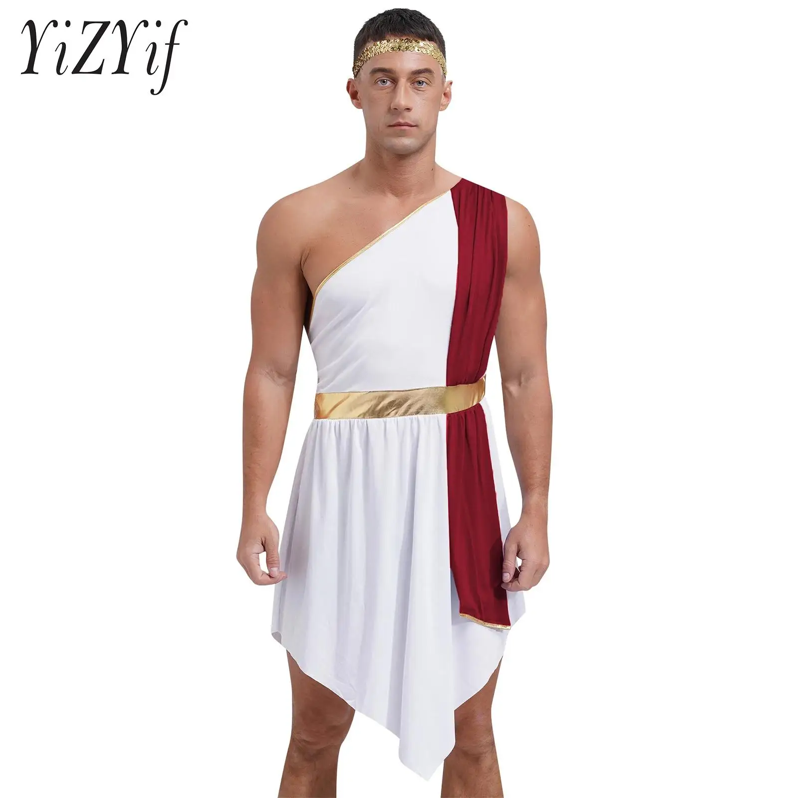 Men Roman Greek Halloween Costume Color Block Irregular Hem One Shoulder Sleeveless Dresses with Sequin Headband Cosplay Outfit
Men Roman Greek Halloween Costume Color Block Irregular Hem One Shoulder Sleeveless Dresses with Sequin Headband Cosplay Outfit