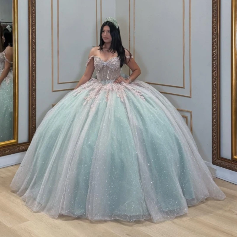 Aqua Blue Shiny Princess Off the Shoulder Sweet 16 Dress Quinceanera Dresses Applique Lace Beads Tull Corset Party Birthday Vest
Aqua Blue Shiny Princess Off the Shoulder Sweet 16 Dress Quinceanera Dresses Applique Lace Beads Tull Corset Party Birthday Vest