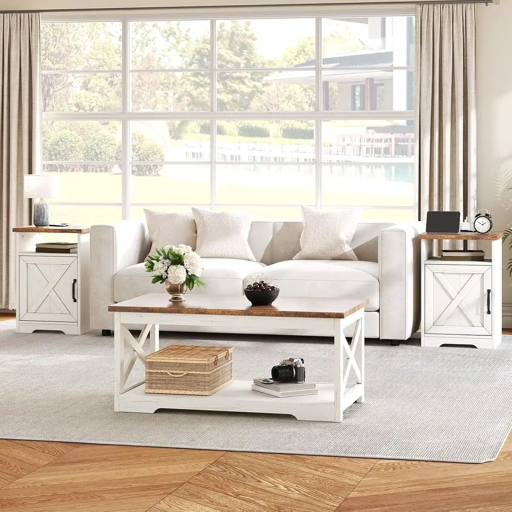 3-Piece Living Room Set: Coffee Table with 2 End Tables, Charging Station & USB Ports, Distressed White
3-Piece Living Room Set: Coffee Table with 2 End Tables, Charging Station & USB Ports, Distressed White