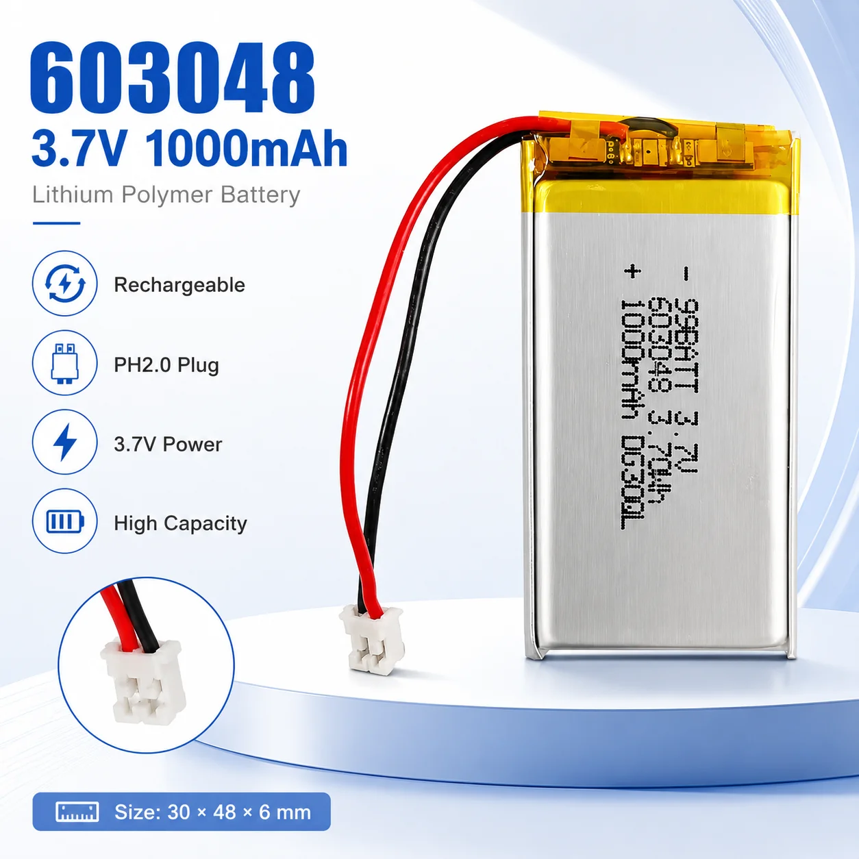 JST 2.0 2Pin 603048 Lithium Battery 1000mAh 3.7V Power Cell For GPS Bluetooth Headset E-book MP3
JST 2.0 2Pin 603048 Lithium Battery 1000mAh 3.7V Power Cell For GPS Bluetooth Headset E-book MP3